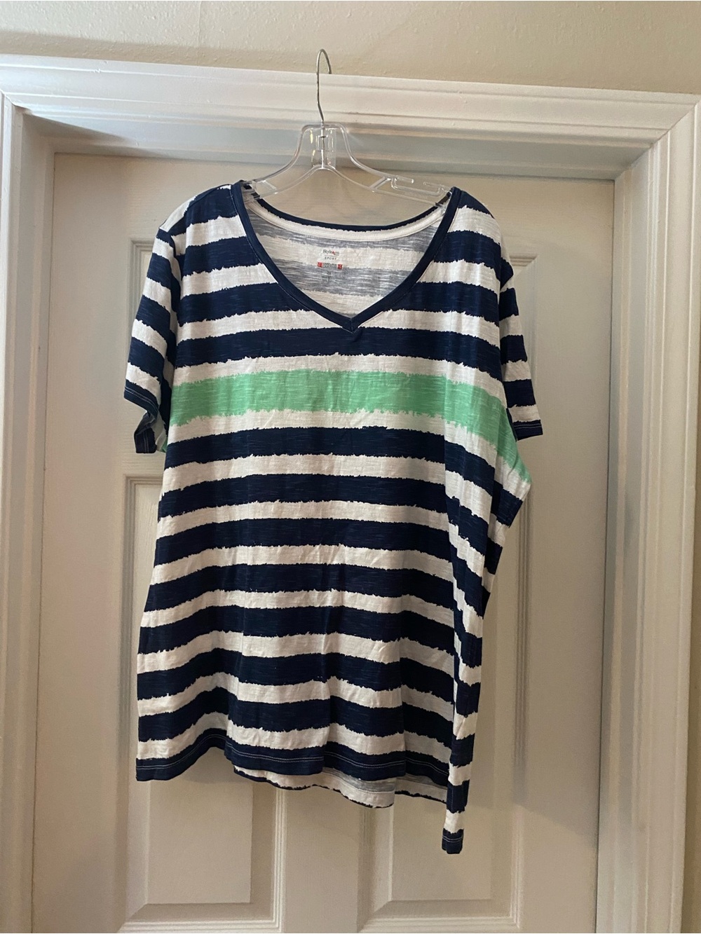 Style & Co. Striped V-Neck T-Shirt in Navy, White & Mint - Women. Short Sleeve.